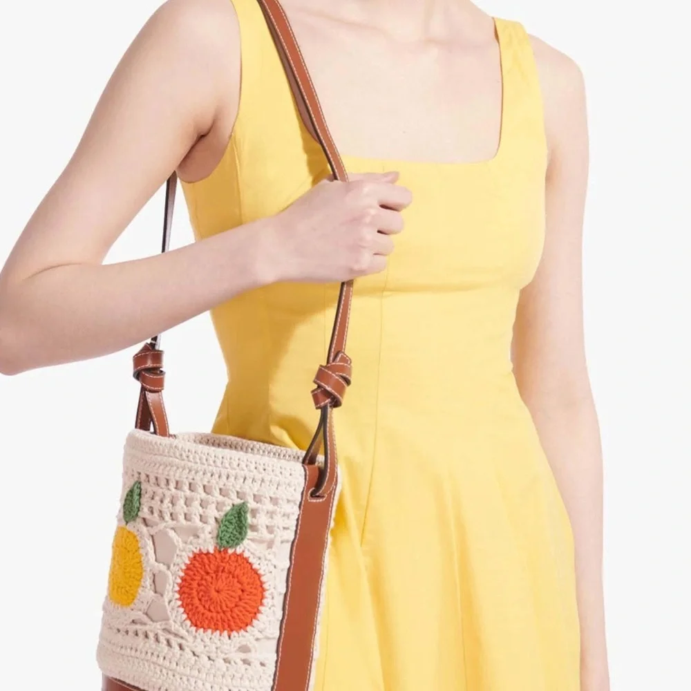 STAUD Cream Crochet Bucket Crossbody with Yellow and Red Fruit Motifs - Picture 6 of 12
